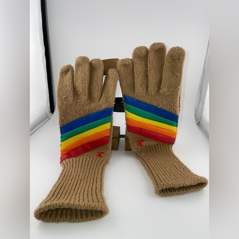 Vintage 1970’s Retro Leather Polyester Women’s Rainbow Gloves small - Picture 9 of 9